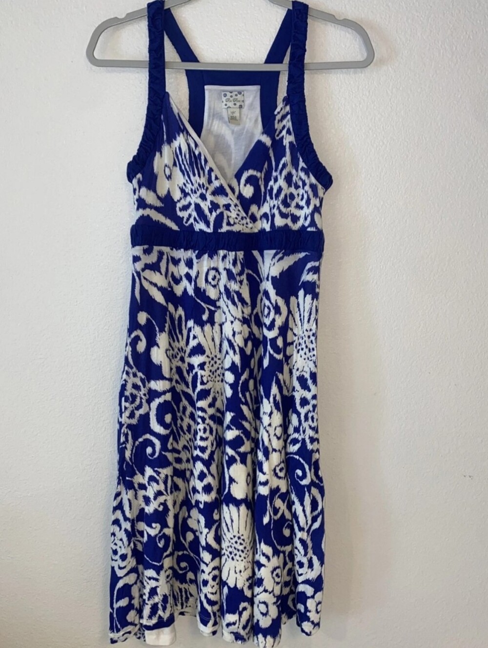 Anthropologie RIC RAC Dress Blue Ivory Floral Ikat Damask Print Size Medium 42"